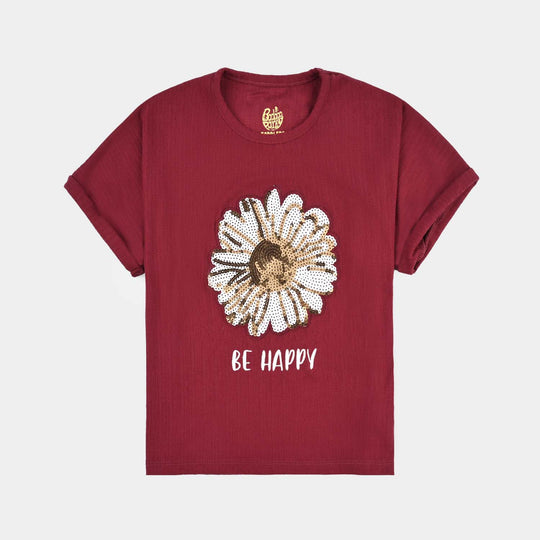 Girls Jacquard T-Shirt (Be Happy) - Red