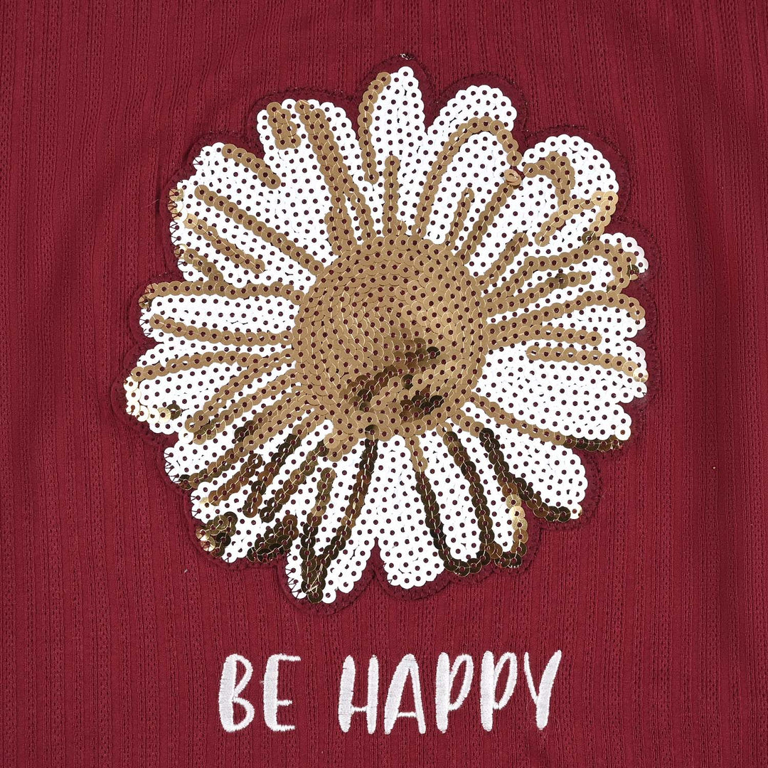Girls Jacquard T-Shirt (Be Happy) - Red