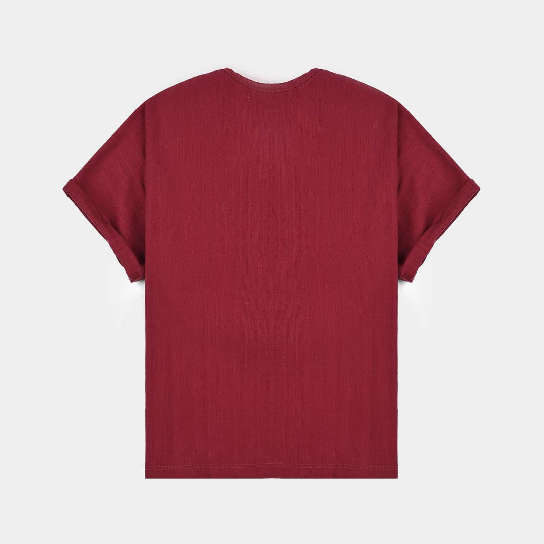Girls Jacquard T-Shirt (Be Happy) - Red