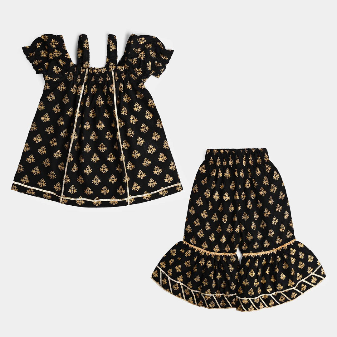 Infant Girls Cotton Printed 2 Pcs Set (Dua) - Black