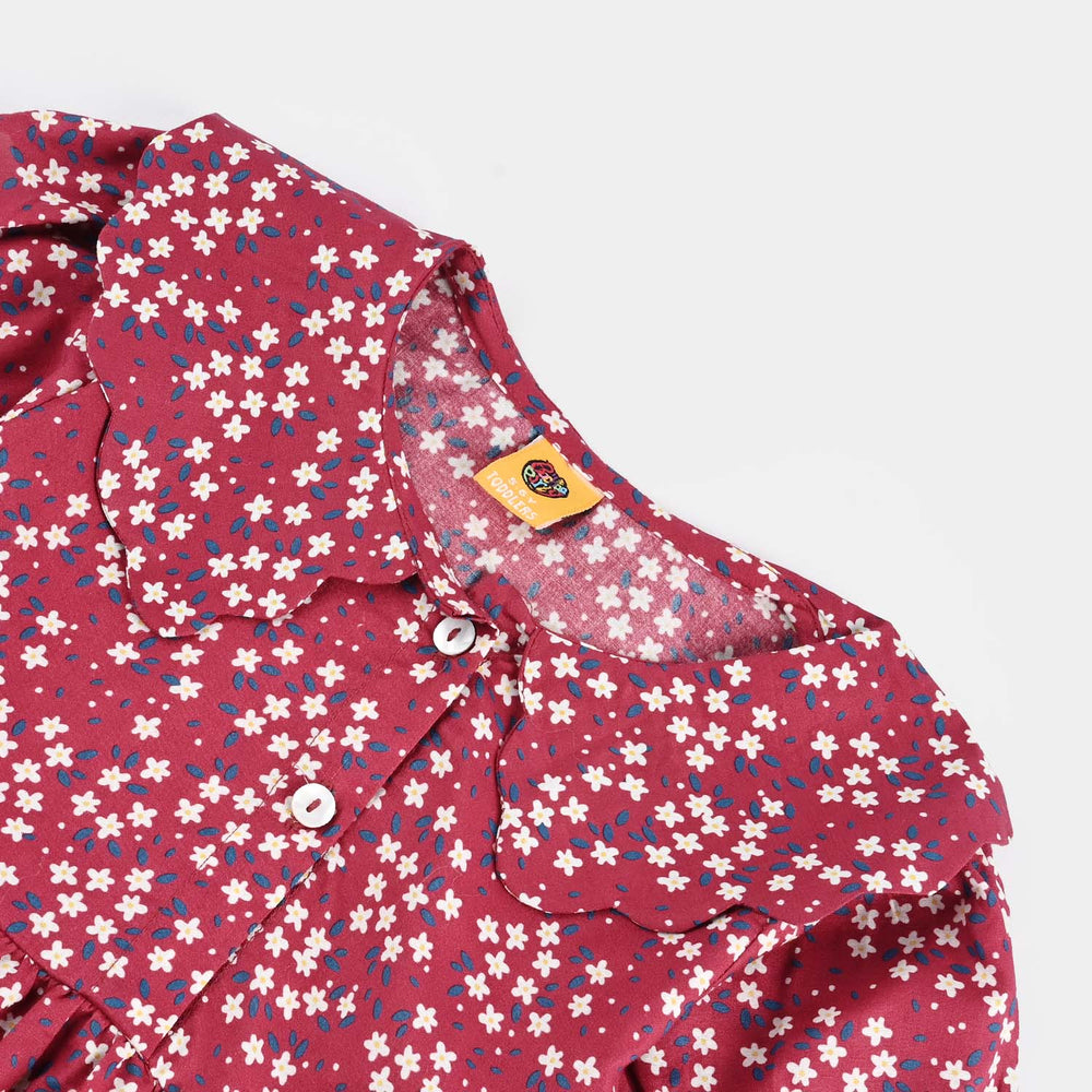 Girls Cotton Poplin Casual Frock Red Floral - Multi