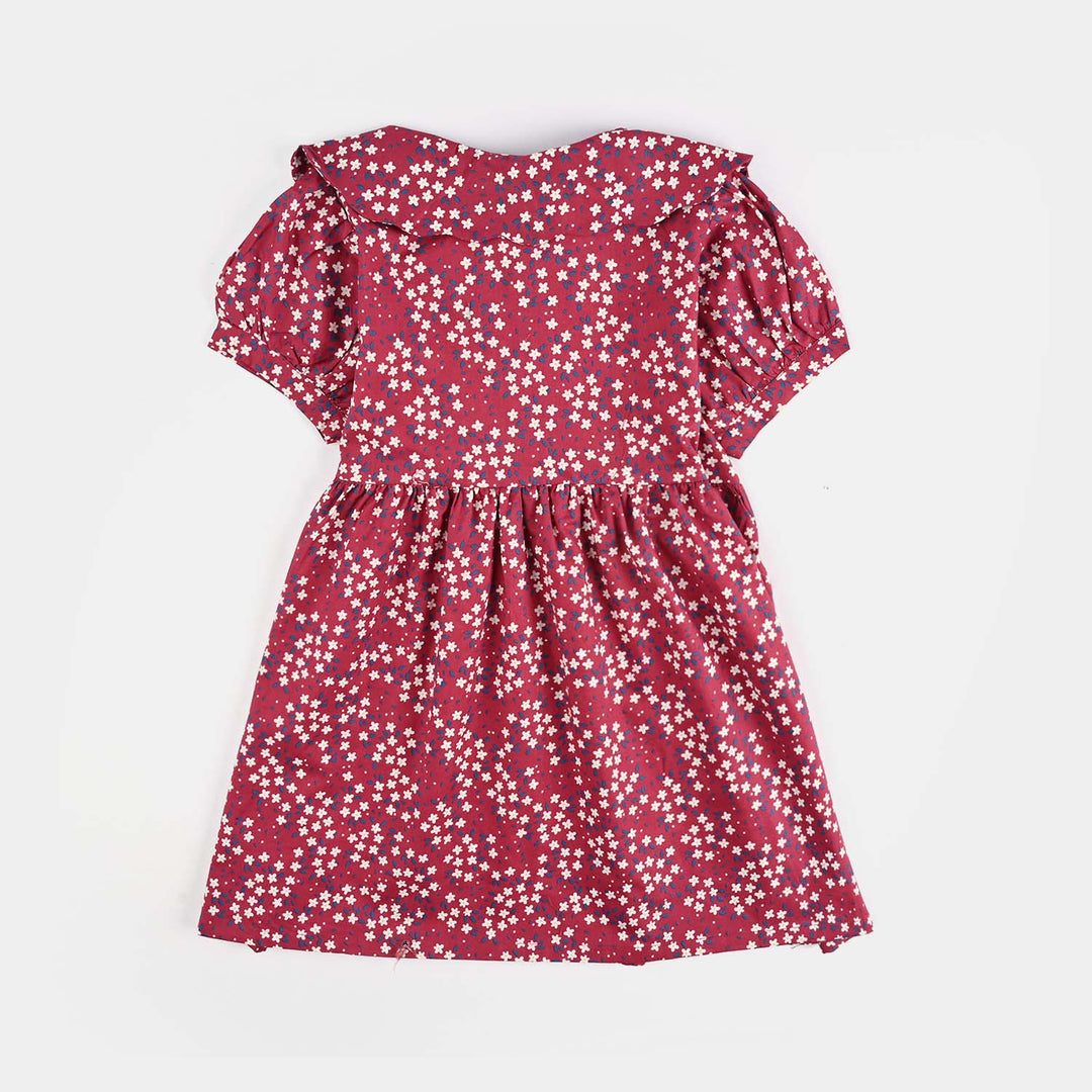 Girls Cotton Poplin Casual Frock Red Floral - Multi