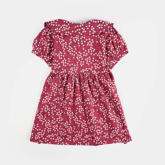 Girls Cotton Poplin Casual Frock Red Floral - Multi