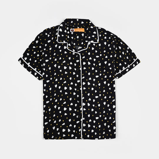 Girls Viscose Nightwear-Polka & Hearts-BLACK