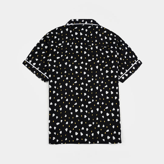 Girls Viscose Nightwear-Polka & Hearts-BLACK