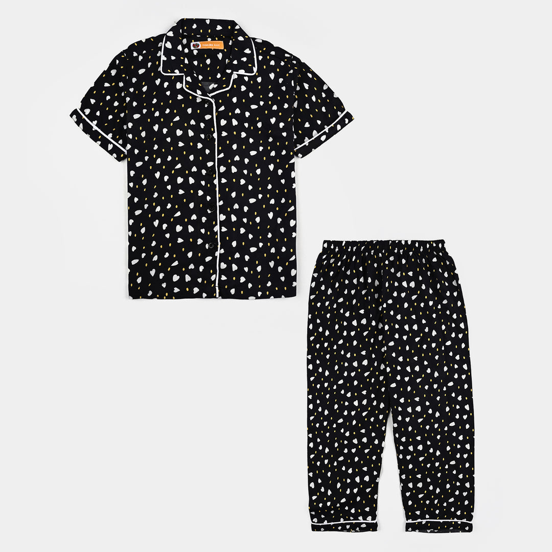 Girls Viscose Nightwear-Polka & Hearts-BLACK