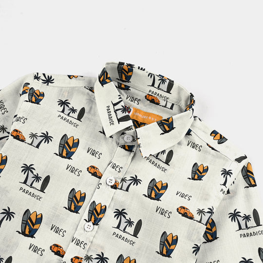 Boys Cotton Slub Shirt (Summer Vibes)-OFF-White