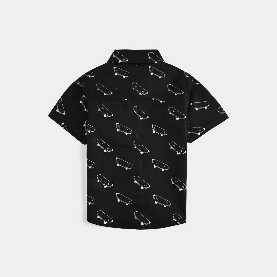 Infant Boys Cotton Slub Printed Shirt-Skate-BLACK