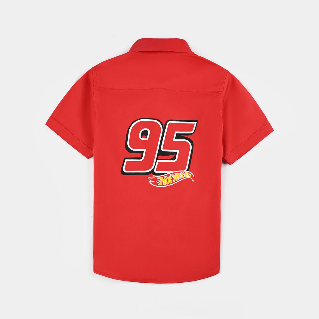 Boys Cotton Poplin Casual Shirt H/S (Hot Wheel)-Red