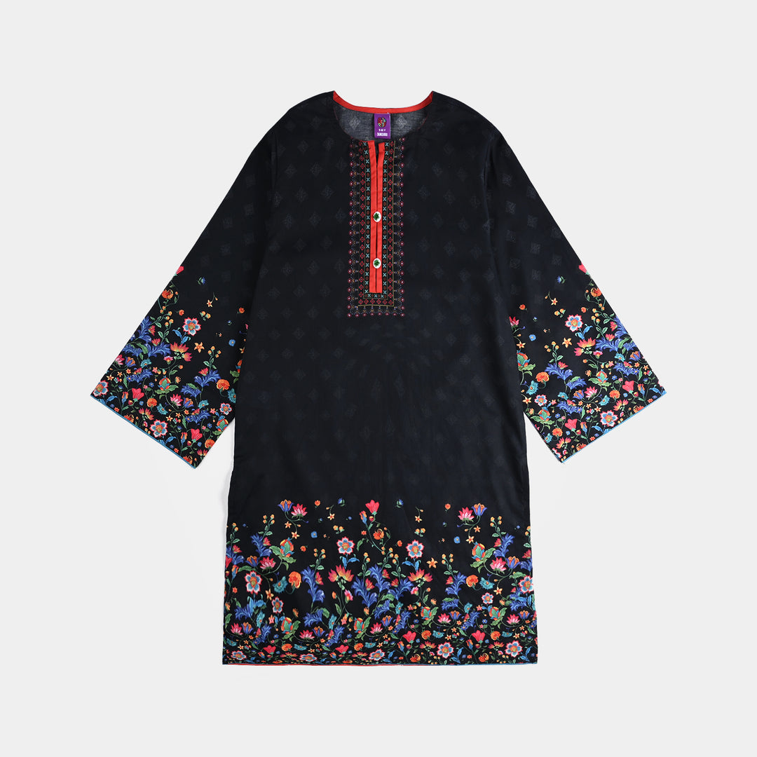 Girls Cotton Poplin Printed Kurti Garden-BLACK