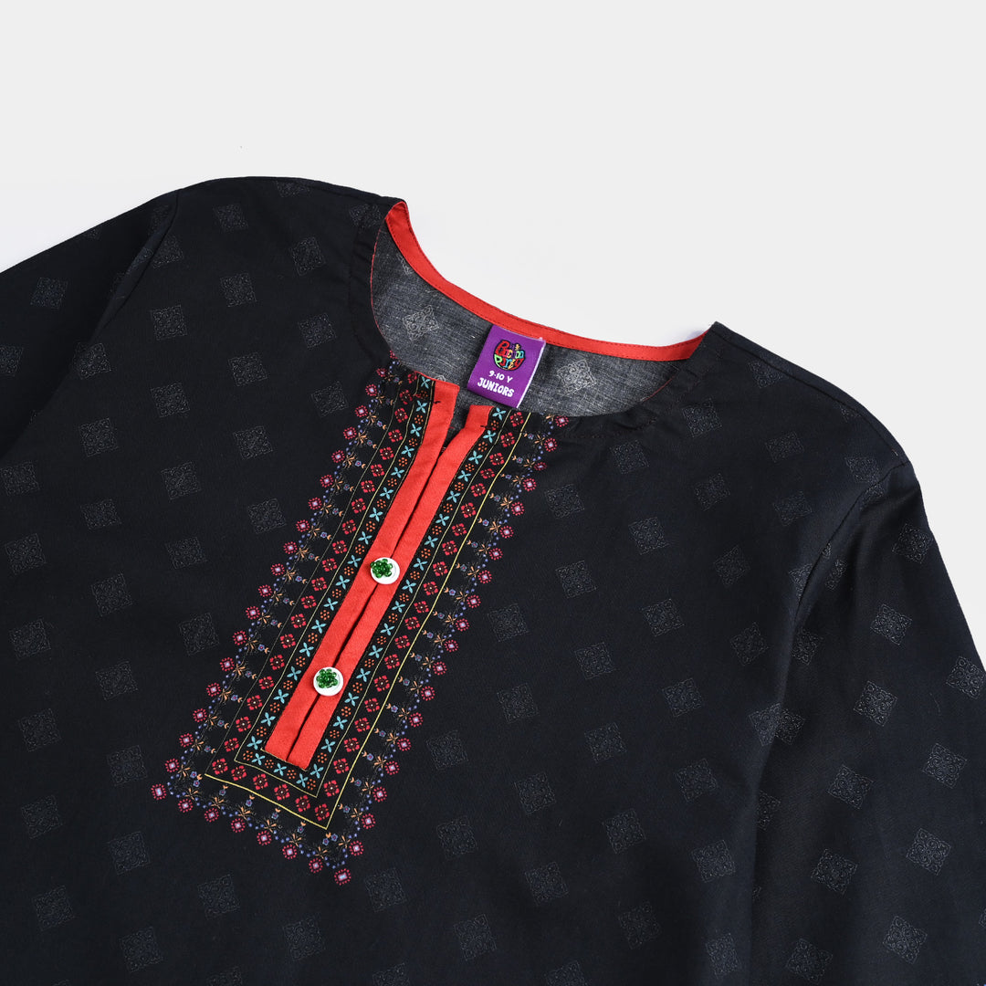 Girls Cotton Poplin Printed Kurti Garden-BLACK