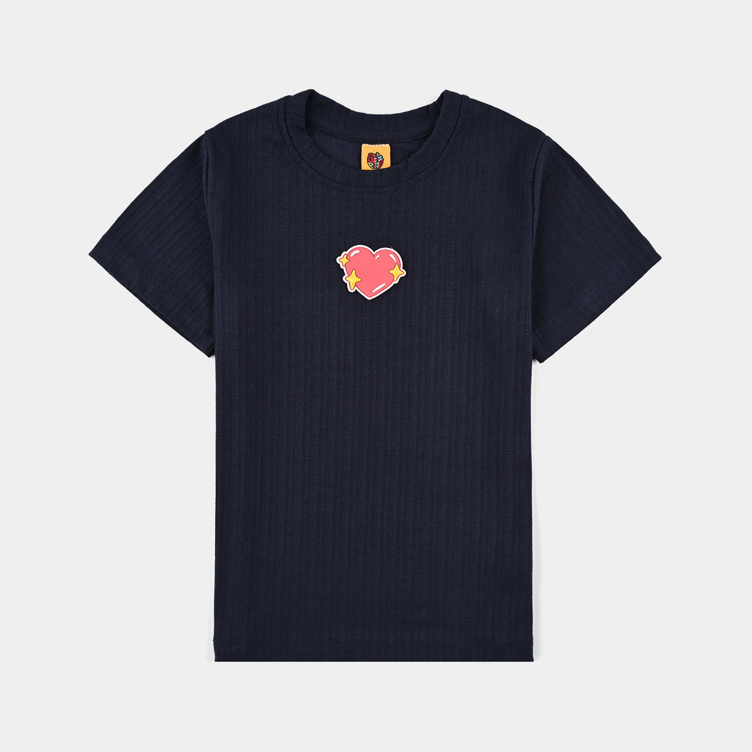Girls Jacquard T-Shirt H/S Hearts-NAVY