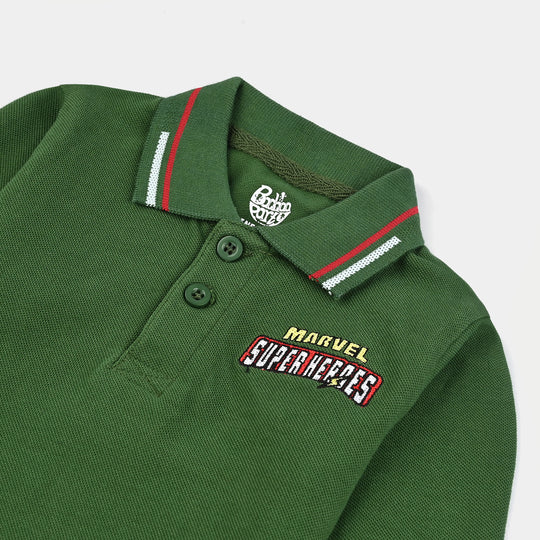 Infant Boys Jumbo Pique Polo F/S Super Heroes-Olive Green