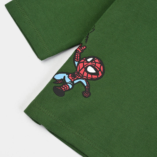 Infant Boys Jumbo Pique Polo F/S Super Heroes-Olive Green