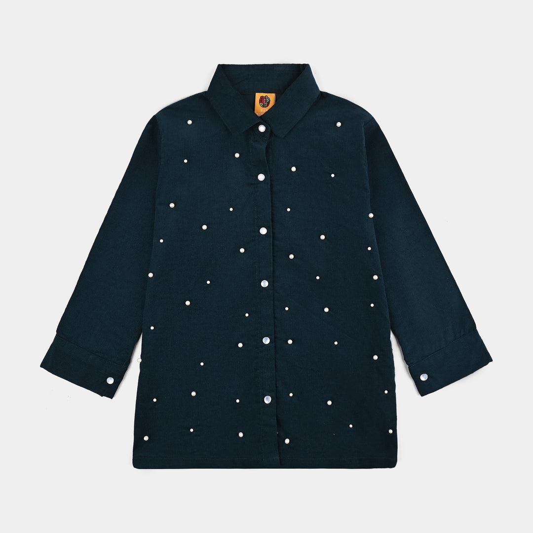 Girls Corduroy Emb Top - Teal.Green