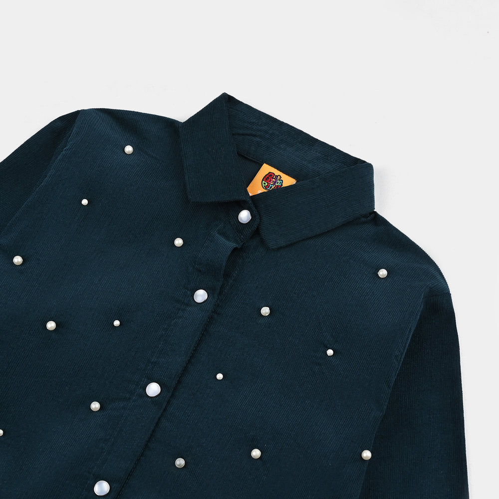 Girls Corduroy Emb Top - Teal.Green