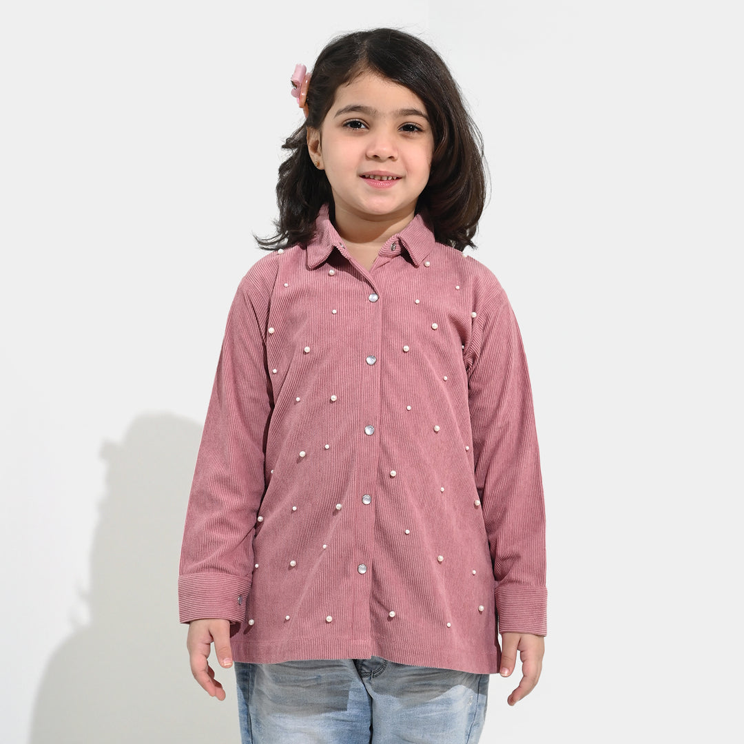 Girls Corduroy Emb Top Pearls - Pink