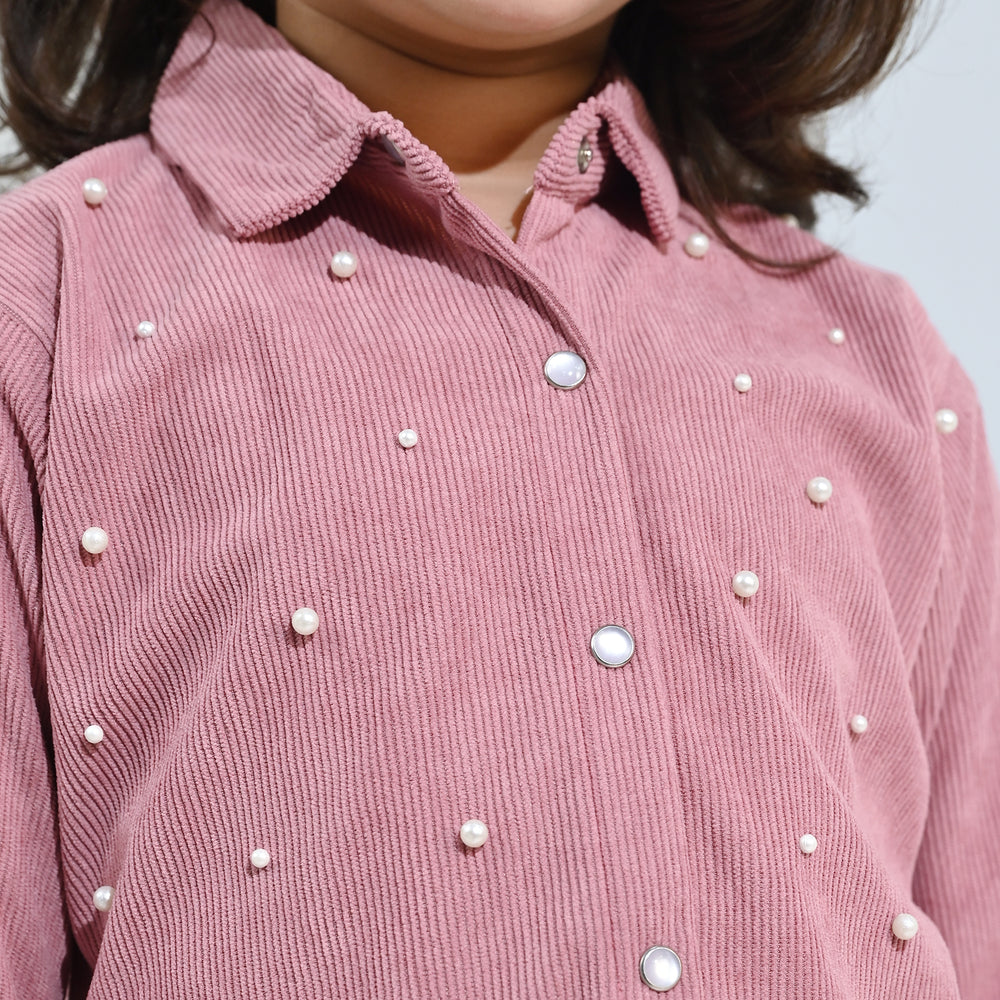 Girls Corduroy Emb Top Pearls - Pink