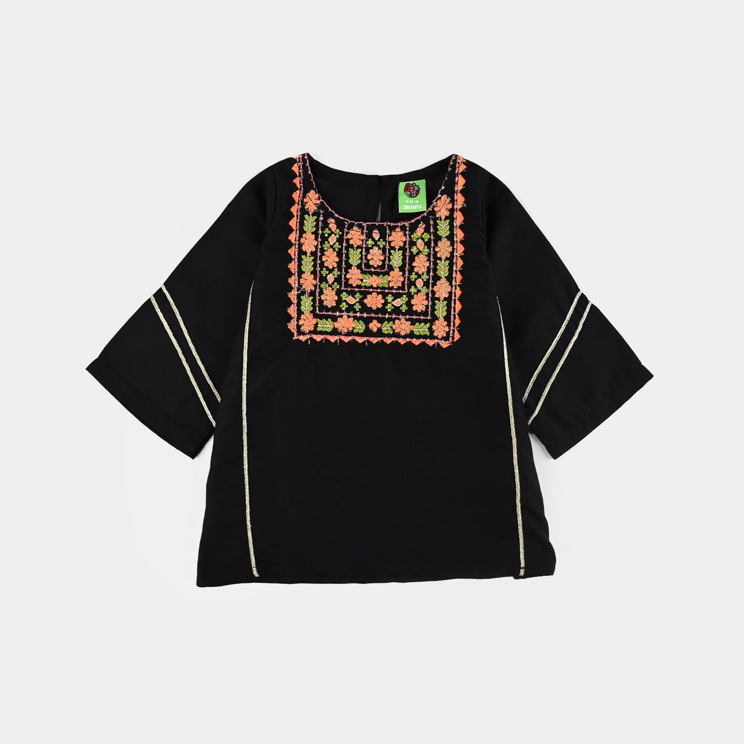 Infant Girls Poly Mesh Embroidered Kurti - Black