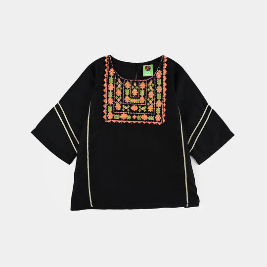 Infant Girls Poly Mesh Embroidered Kurti - Black