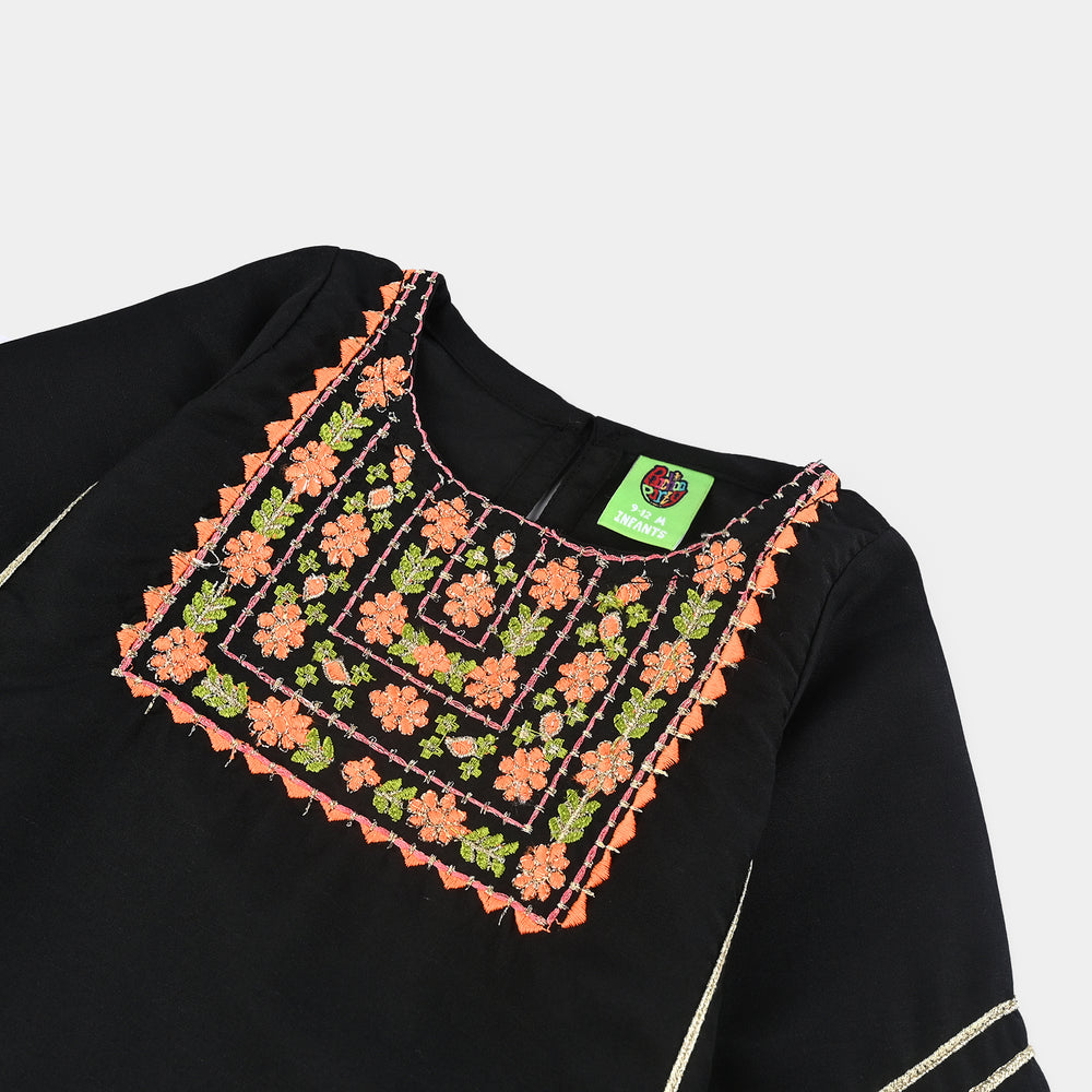 Infant Girls Poly Mesh Embroidered Kurti - Black