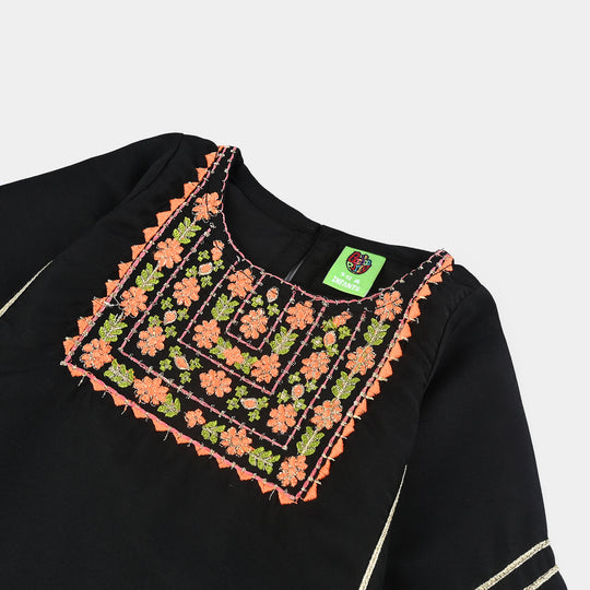Infant Girls Poly Mesh Embroidered Kurti - Black