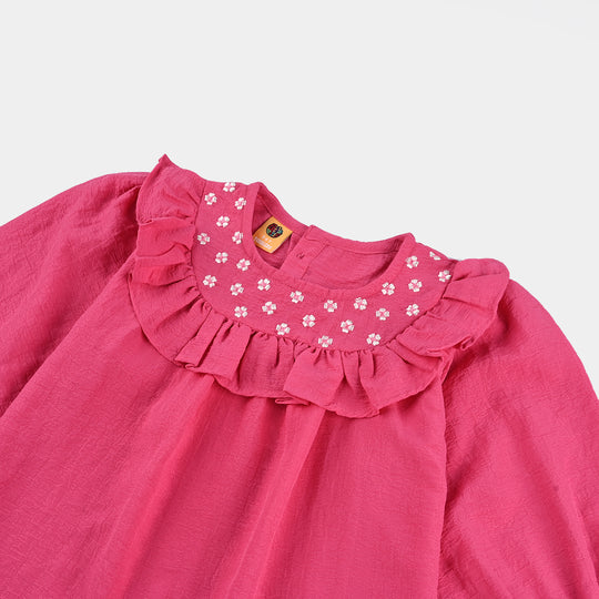 Girls Poly Mesh Embroidered Co-Ord Set - Pink