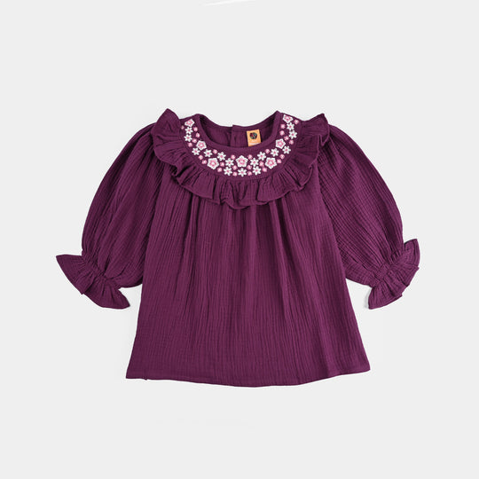 Girls Poly Crinkle Embroidered Co-Ord Set - Ruffle Floral - Plum