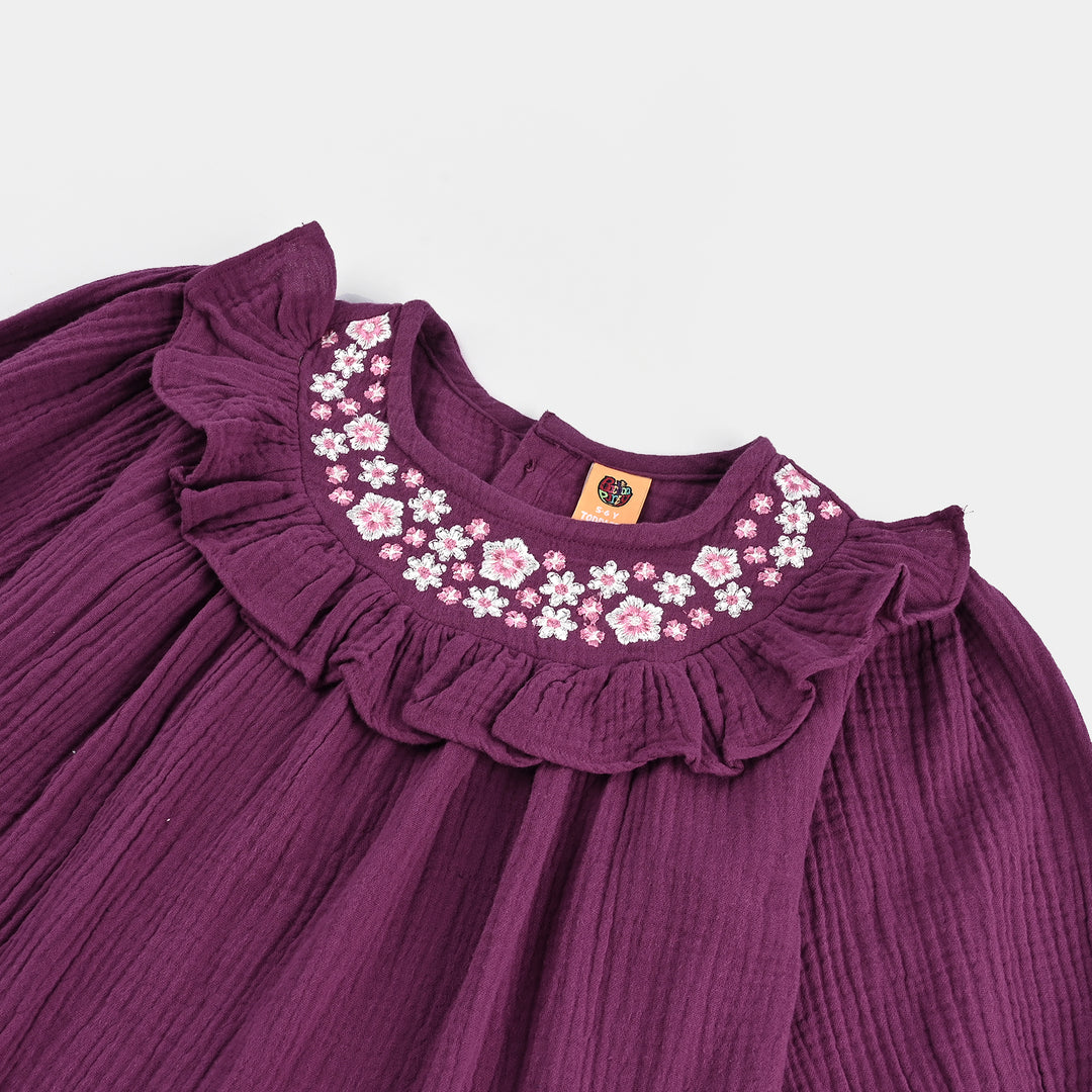 Girls Poly Crinkle Embroidered Co-Ord Set - Ruffle Floral - Plum