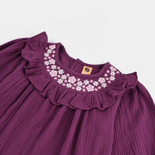 Girls Poly Crinkle Embroidered Co-Ord Set - Ruffle Floral - Plum