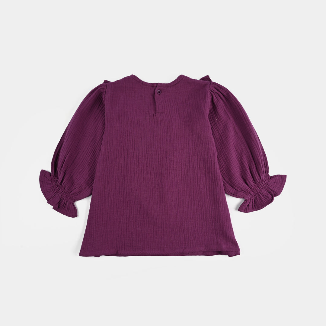 Girls Poly Crinkle Embroidered Co-Ord Set - Ruffle Floral - Plum