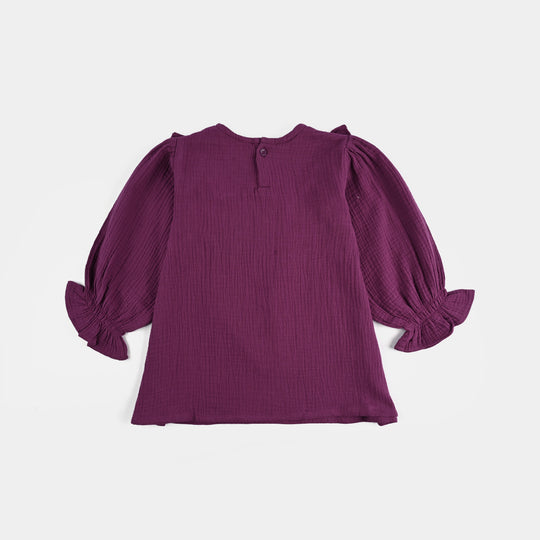 Girls Poly Crinkle Embroidered Co-Ord Set - Ruffle Floral - Plum