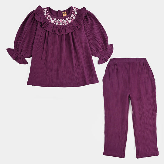 Girls Poly Crinkle Embroidered Co-Ord Set - Ruffle Floral - Plum