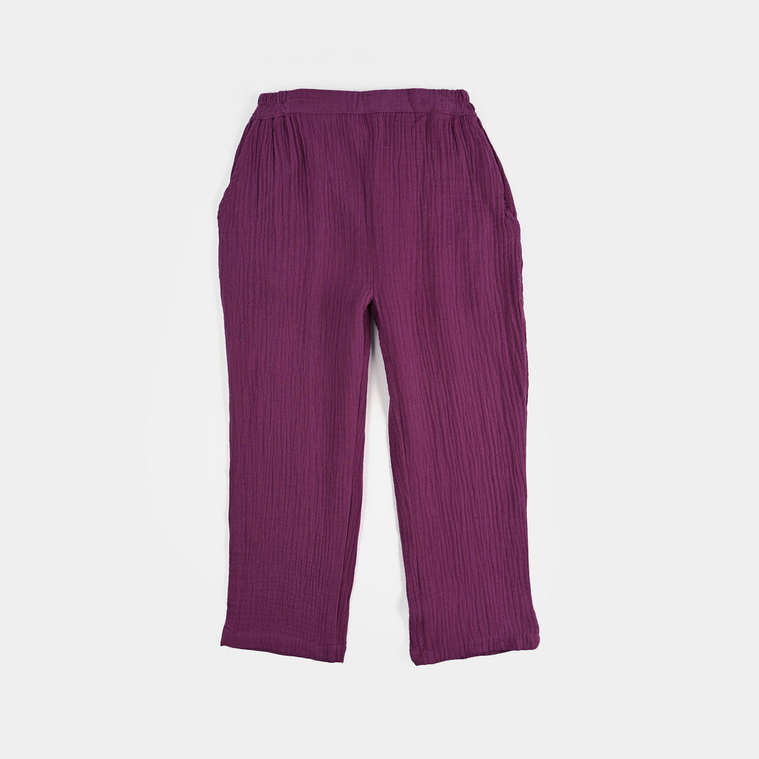 Girls Poly Crinkle Embroidered Co-Ord Set - Ruffle Floral - Plum