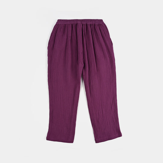 Girls Poly Crinkle Embroidered Co-Ord Set - Ruffle Floral - Plum