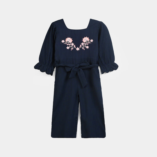 Girls Poly Crinkle Embroidered Jumpsuit - Navy Blue