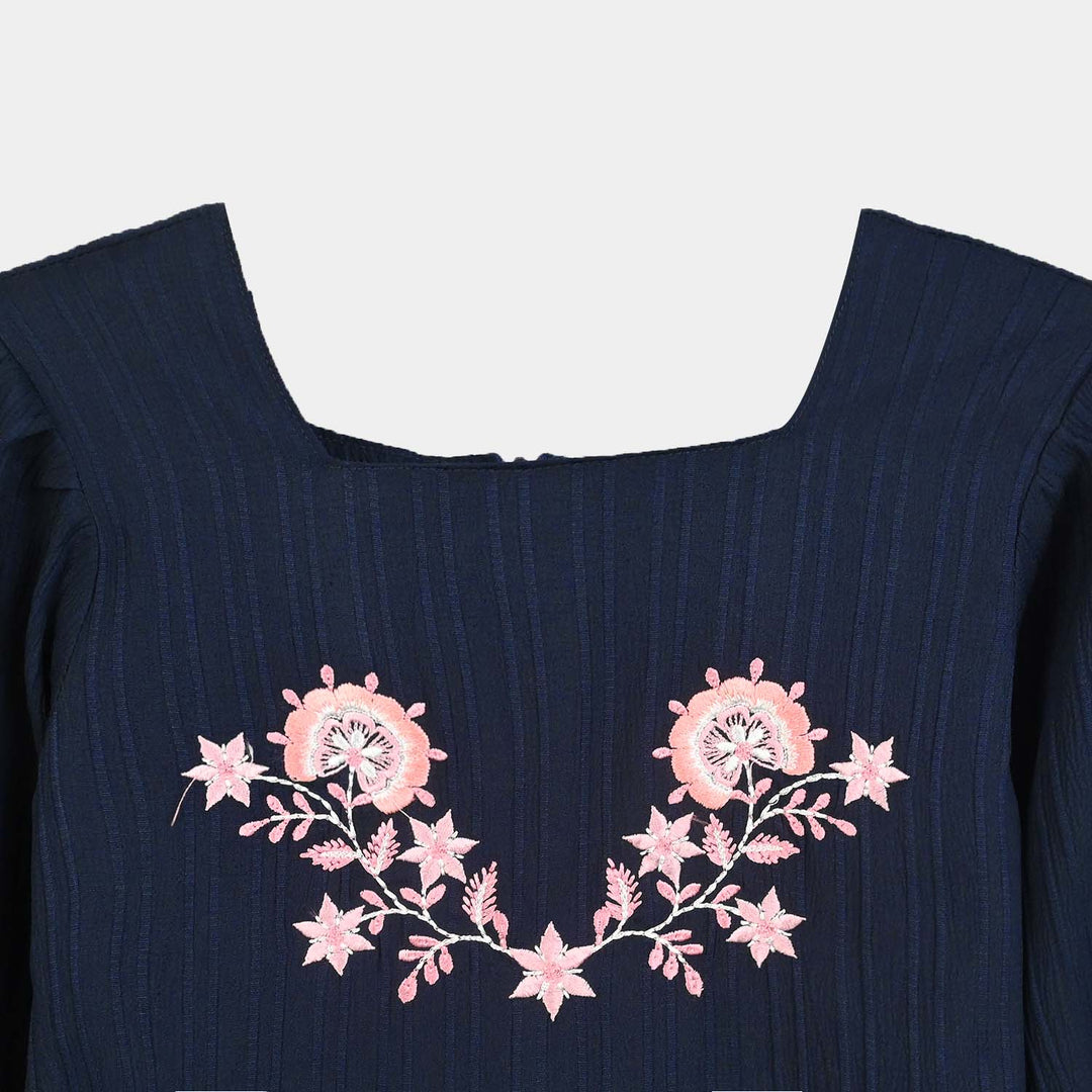 Girls Poly Crinkle Embroidered Jumpsuit - Navy Blue