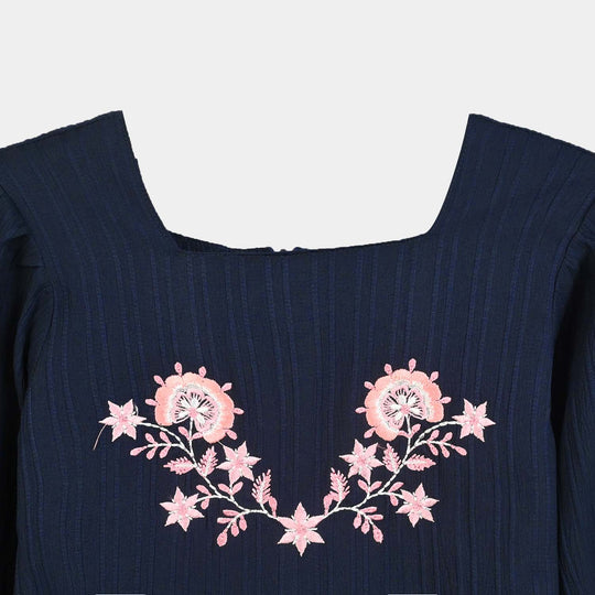 Girls Poly Crinkle Embroidered Jumpsuit - Navy Blue