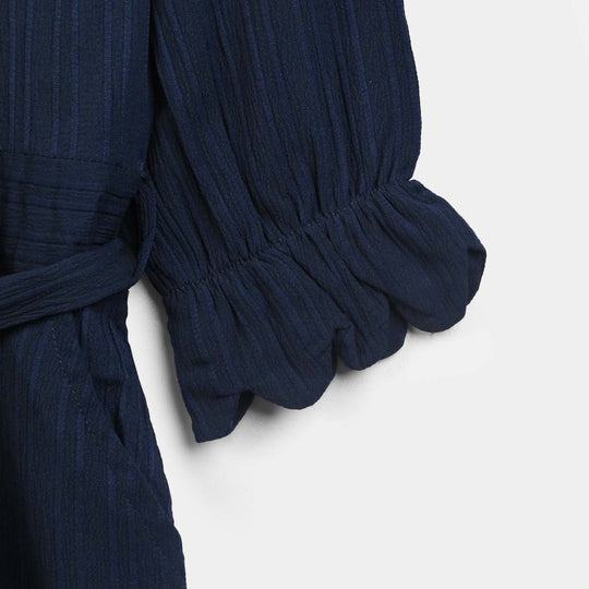 Girls Poly Crinkle Embroidered Jumpsuit - Navy Blue