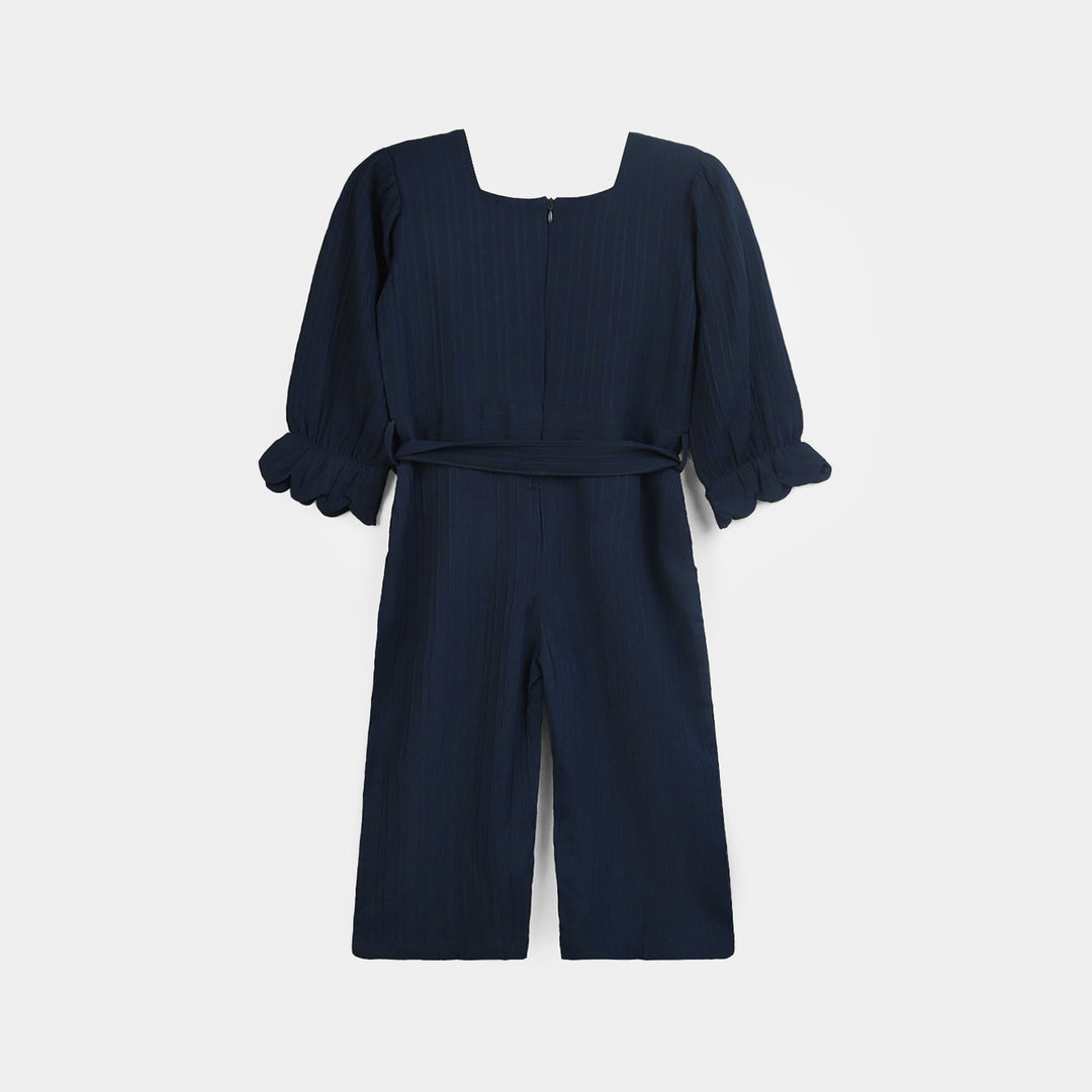Girls Poly Crinkle Embroidered Jumpsuit - Navy Blue