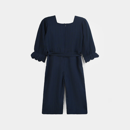 Girls Poly Crinkle Embroidered Jumpsuit - Navy Blue