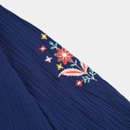 Girls Cotton EMB Top Bouquet-Navy Blue