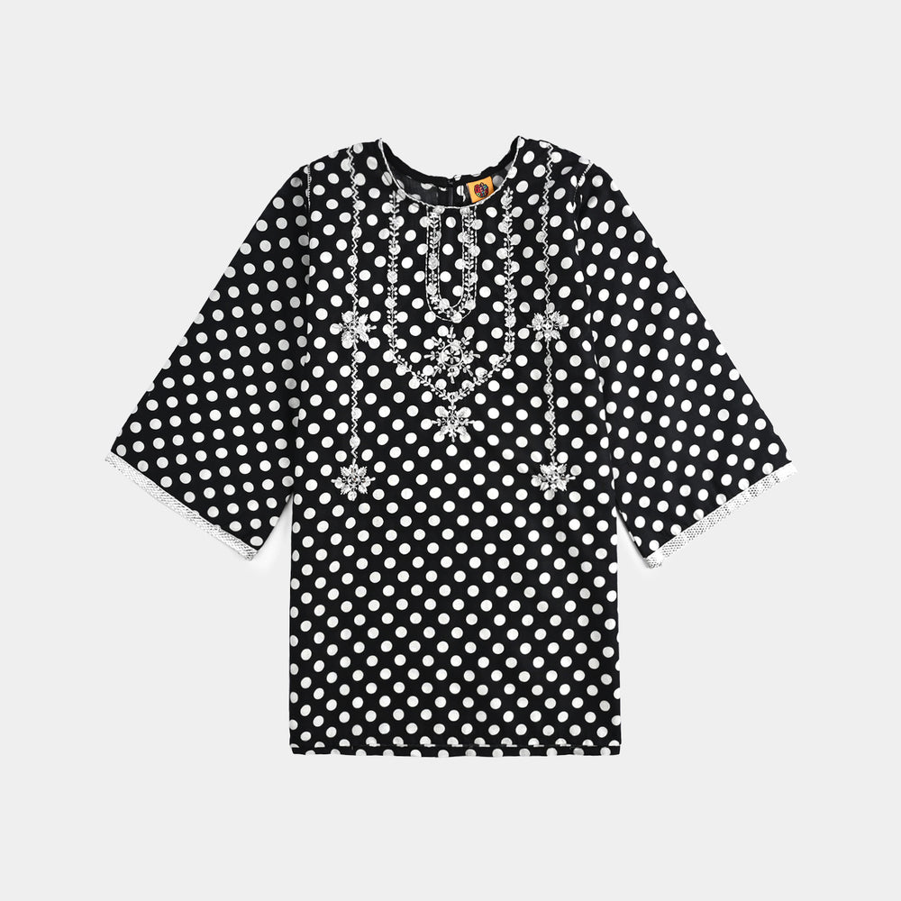 Girls Cotton Poplin Printed & Embroidered 2 Pcs Polka Dot - Black