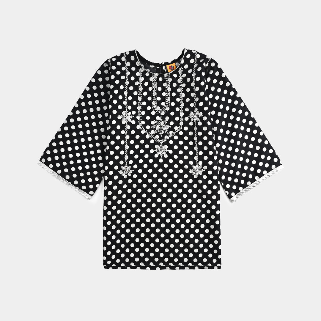 Girls Cotton Poplin Printed & Embroidered 2 Pcs Polka Dot - Black