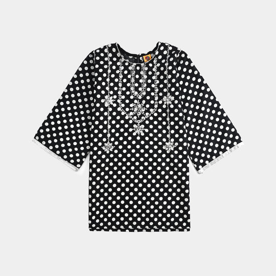 Girls Cotton Poplin Printed & Embroidered 2 Pcs Polka Dot - Black