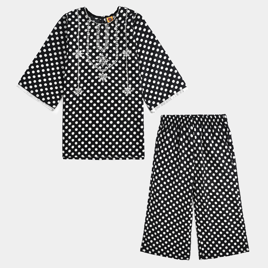 Girls Cotton Poplin Printed & Embroidered 2 Pcs Polka Dot - Black