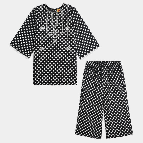 Girls Cotton Poplin Printed & Embroidered 2 Pcs Polka Dot - Black