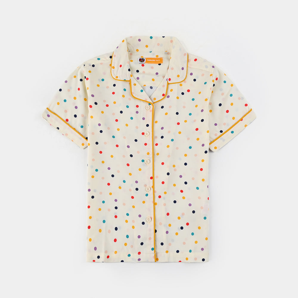 Girls Viscose Woven Night Suit - Multi Polka - Off-White