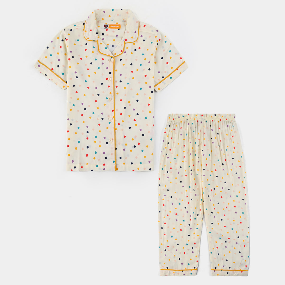 Girls Viscose Woven Night Suit - Multi Polka - Off-White