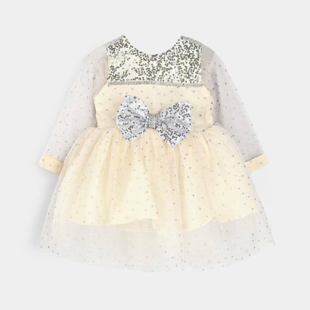 Infant Girls Organza Fancy Frock-Shimmer Polka-OFF White